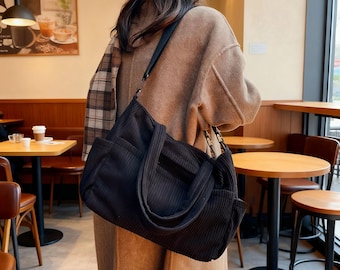 Corduroy Casual Tote Handbag, Personalized Corduroy Crossbody Bag, Large Capacity Everyday Bag for Women, Autumn Winter Bag, Christmas Gift