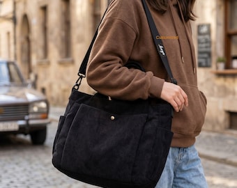 Black Corduroy Crossbody Bag, Custom Large Capacity Shoulder Tote, Casual Everyday Bag, Lightweight Travel School Bag for Women