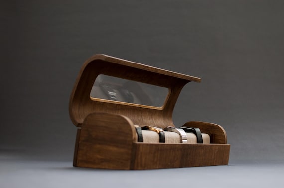 Handmade Wooden Watch Box – Curved Wood Display Case with Clear Acrylic Lid