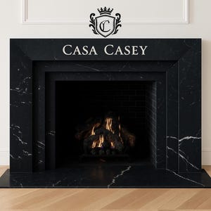 Luxury Black Marble Fireplace Mantel | 3-Step Designer Surround with Custom Engraved Name | Personalized Modern Fire Frame