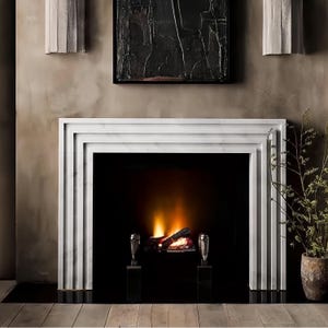 Modern White Marble Fireplace Mantel | Luxury Handmade Stone Fire Surround | Custom Size Designer Mantelpiece for Living Room
