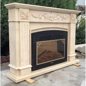 Elegant Beige Marble Fireplace Mantel | Hand-Carved Classic Fireplace Surround | Luxury Stone Mantelpiece for Living Room & Home Décor