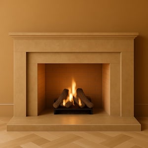Luxury Warm Honey Ochre Fireplace Mantel | Modern Stone Surround with Realistic Logs & Flame | Elegant Beige Fireplace for Living Room
