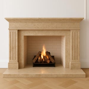 Luxury Travertine Beige Fireplace Mantel with Fluted Pillars | Elegant Stone Surround | Classic Faux Fire Log Hearth | Custom Sizes