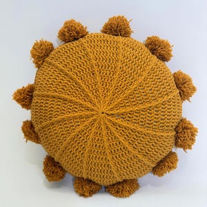 Mustard Round Crochet Pillow – Boho Pom Pom Cushion – Handmade Knit Throw – Cozy Floor Pillow
