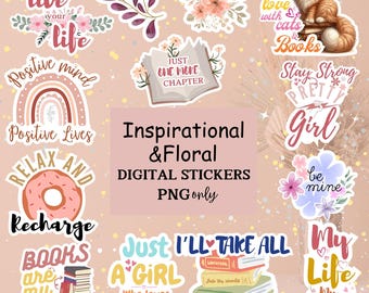 May include: A collection of digital stickers with inspirational and floral themes. The stickers feature phrases like "live your life," "positive mind," and "books are my favorite." The image also includes floral and cat illustrations.