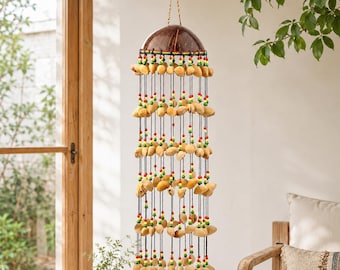 Campanas de viento de concha de fruta grandes de 23 pulgadas, 120 piezas hechas de chacha, voces naturales, pueden relajar la mente, decorar el patio, el balcón.