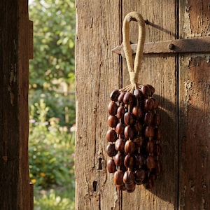 以下が含まれることがあります： 濃い茶色の木製ビーズで作られた装飾用のドア掛け。ビーズは紐でつながれ、編み込まれたロープのハンドルに取り付けられています。 ドア掛けは、鍵穴のある風化した木製のドアに飾られています。