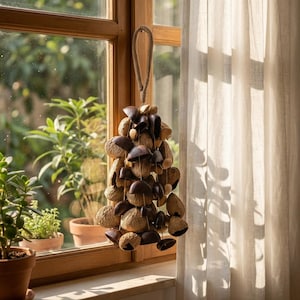 15.75 in Large fruit shell wind chimes，60pcs panj juju chacha made，natural vocals，can be relax the mind, dress up the courtyard，balcony.