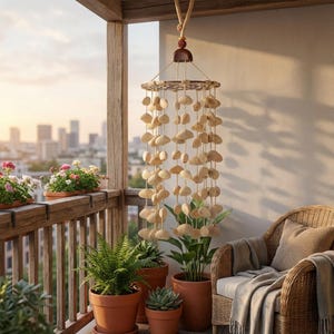 May include: A hanging wind chime made of natural-colored shells suspended from a wooden ring. The chime hangs on a balcony with potted plants and a wicker chair. The background shows a cityscape at sunset.