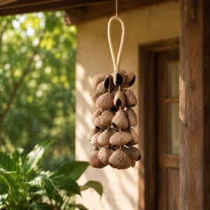 May include: A hanging decorative ornament composed of multiple brown, bell-shaped elements. The ornament is suspended by a woven loop, and the individual bells have a textured surface. The background includes greenery and a wooden door frame.