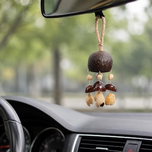 May include: A car hanging ornament featuring a dark brown coconut shell base with hanging wooden beads and shell pieces. The ornament is suspended from a rearview mirror with a woven rope. The background is blurred, showing a green, outdoor scene.