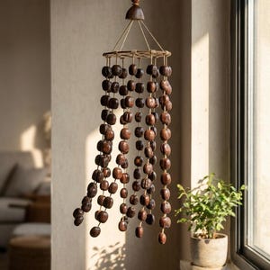 May include: A decorative hanging mobile made from dark brown, rounded beads. The beads are suspended from a circular frame and hang in vertical lines. The mobile is made from natural materials and is suspended from a string.
