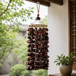 May include: A hanging wind chime with a rectangular shape, crafted from dark brown, glossy wooden elements. The chime is suspended from a woven circular frame and a natural rope. The background features greenery and a glimpse of a traditional building.
