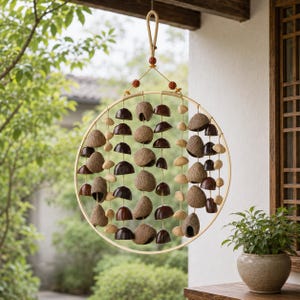 May include: A circular, hanging wind chime with a natural, earthy aesthetic. The chime features a wooden hoop, strands of various natural elements, including brown seed pods, woven spheres, and light-colored wooden beads. The design is suspended by a rope.