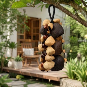 May include: A hanging wind chime made of natural materials, including dark brown coconut shells, light brown seed pods, and small wooden beads. The chime is suspended from a black loop and hangs in front of a blurred outdoor background.