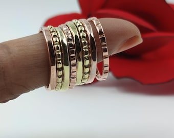 Set of 8 Solid Brass Copper Hammered Rings, Boho Statement Thumb Band Jewelry