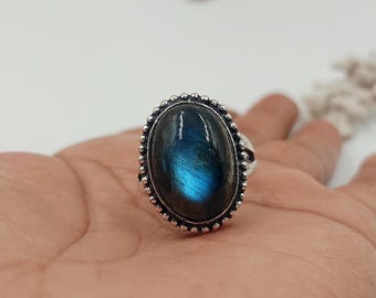 Large Labradorite 925 Sterling Silver Ring, Handmade Blue Gemstone, Wedding Ring, Gift for her