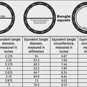 May include: A black and white graphic showing bangle size measurements. The image includes diagrams of bangles with diameter and circumference labels, along with a table detailing bangle sizes, diameters in inches and millimetres, and circumferences in inches and millimetres.