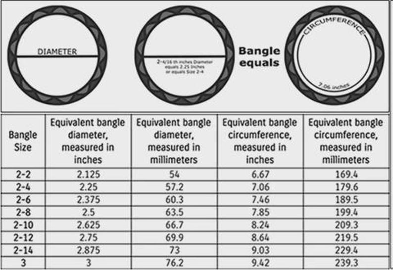 May include: A black and white graphic showing bangle size measurements. The image includes diagrams of bangles with diameter and circumference labels, along with a table detailing bangle sizes, diameters in inches and millimetres, and circumferences in inches and millimetres.