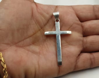 Colar com Pingente de Cruz Simples em Prata de Lei 925 Maciça, Feito à Mão, Ideal para Batismo e Cerimônia de Batismo, Joias em Prata