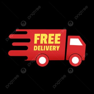 May include: A red delivery truck graphic with the words "FREE DELIVERY" in yellow. The truck has white wheels and a white cab. The background is black.