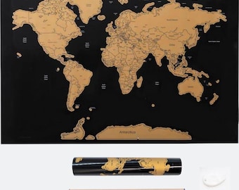 Carte du Monde à Gratter personnalisable – Cadeau original voyageur – Poster déco noir & Or – Ludique – Marquez vos aventures facilement !