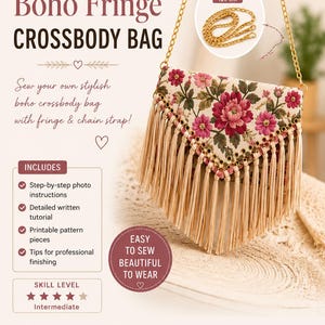 May include: A sewing pattern for a boho fringe crossbody bag featuring a floral fabric flap with pink and red flowers, long beige fringe, and a gold chain strap measuring 120 cm. The document includes step-by-step photo instructions and a tutorial.
