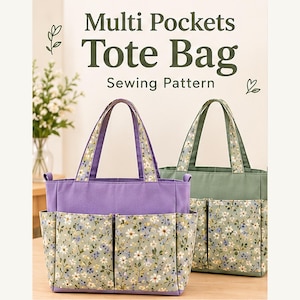 Patrón de costura en PDF para bolso tote con múltiples bolsillos, instrucciones paso a paso con fotos, descarga instantánea.