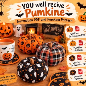 Op de afbeelding: Een digitaal product voor Halloween-decoratie met drie stoffen pompoenen met kaneelstokjes als steeltjes. Patronen zijn oranje pompoengezichten, zwart-oranje ruitjes en witte spookjes op zwart. Bevat tekst: YOU well recive Pumkine.