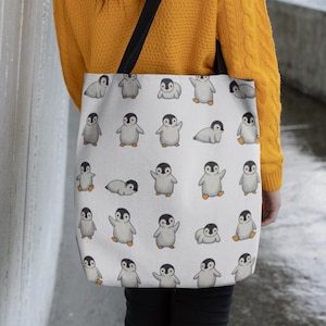Cute Penguin Tote Bag Kawaii Baby Penguin Pattern Reusable Cotton Canvas Eco Bag Gift for Animal Lovers School Shopping Book Bag