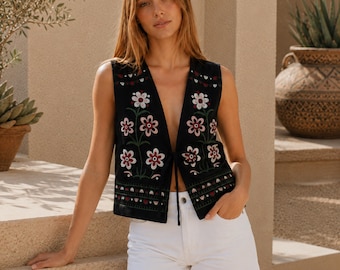 Chaleco negro bordado con aspecto de lino, chaleco bohemio con lazo frontal, chaleco de verano de mezcla de algodón con estampado floral, top sin mangas para mujer