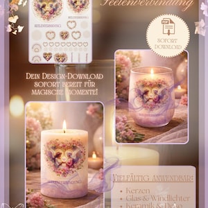 Puede incluir: Un anuncio de descarga digital con velas y candelabros con ilustraciones de ángeles. La imagen incluye el texto "Magischer Lichtzauber Seelenverbindung" y "Dein Design-Download Sofort Bereit für Magische Momente!"