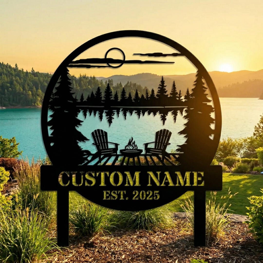 Personalized Round Lake House Metal Sign, Custom Garden Stake With Name ...