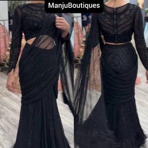 Beautiful Black Designer Saree Butterfly Net Saree Indian Heavy Partywear Dress Traditional Black Saree Blouse Stitched Ethnic Black Saree