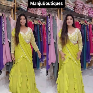 Launch Lehenga Saree Indian Heavy Partywear Dress Traditional Lemon Saree and Dupatta suit Ethnic Lehenga Saree Festive wear Saree for Women
