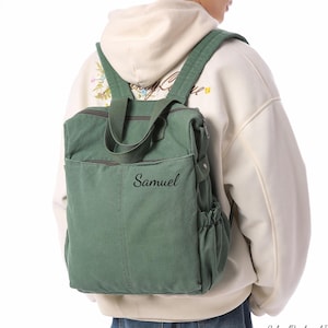Personalized Multi-Pocket Canvas Tote Backpack, Unisex School Bag, Canvas Convertible Backpack in Black, Green, Coffee, Khaki