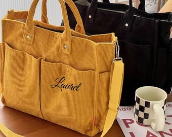 Dikke corduroy draagtas met meerdere zakken, gepersonaliseerde schoudertas en crossbodytas, crossbodytas met ritssluiting, schoudertas voor woon-werkverkeer
