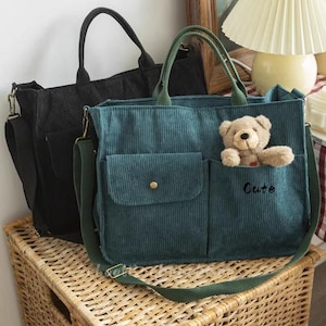 Custom Embroidered Corduroy Tote Bag: Multi-Pocket Crossbody