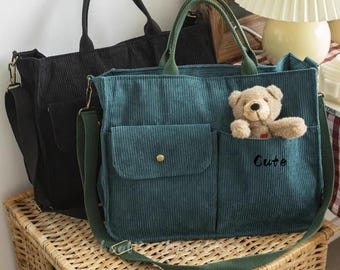 Corduroy draagtas voor woon-werkverkeer, op maat gemaakte geborduurde crossbodytas met meerdere zakken, koerierstas met ritssluiting, milieuvriendelijke tas