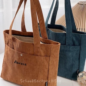 Custom Embroidered Corduroy Tote Bag: Multi-Pocket School Bag