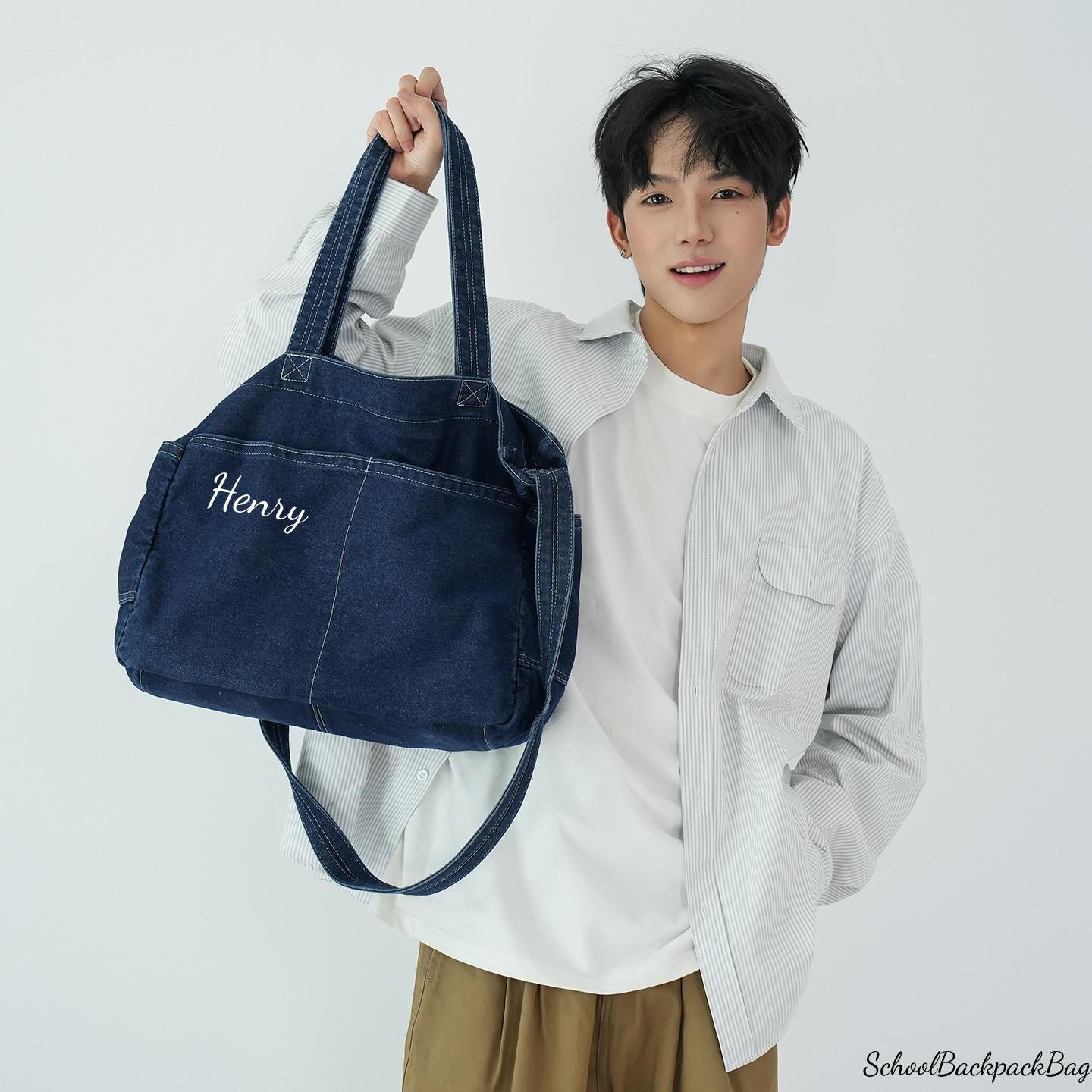 Multi-pocket Denim Handbag, Denim Tote Bag, Personalized Crossbody