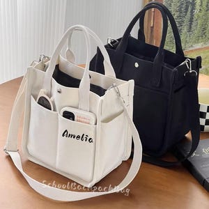 Customizable Canvas Tote Bag: Embroidered Multi-Pocket Crossbody
