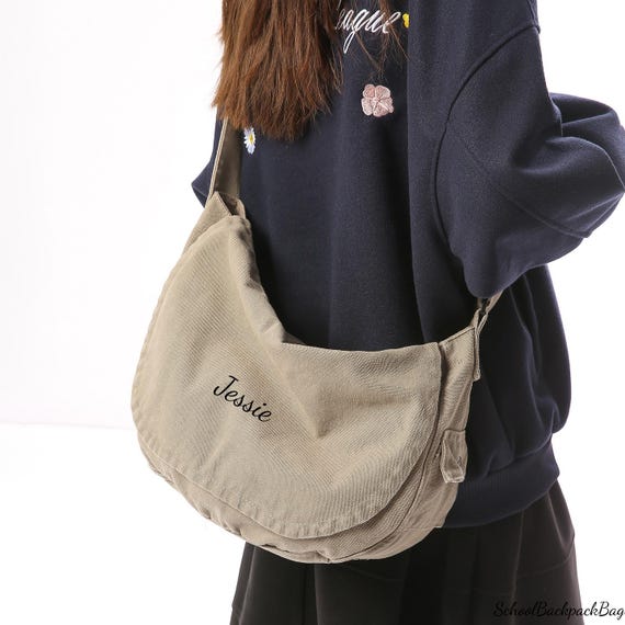 Custom Text Washed Canvas Crossbody Bag, Hobo Shoulder Bag, Canvas 