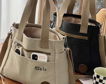 Embroidered Canvas Crossbody Bag: Multi-Pocket Work Tote