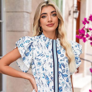 Sky Blue Ruffle Short Sleeve Floral Print Pop of Color Neckline Blouse Bold Blue Floral Blouse Shirt For Women, Flower Button Shirt