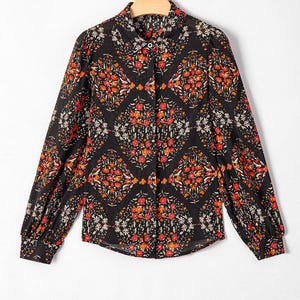 Black Floral Print Collared Button Up Puff Sleeve Shirt Puff Sleeve Blouse | Vintage Long Sleeve Button Up Top