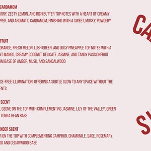 May include: A light pink background with text describing candle scents. The text includes descriptions of Coconut Cream + Cardamom, Peppered Passionfruit, Unscented, Sea Salt + Orchid, and White Sage + Lavender scents.