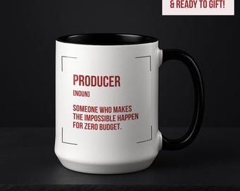 Funny Film Producer Gift, Zero Budget Humor, Production Manager Cup, Double Sided, Producer Definition 15oz Accent Mug, Black Handle