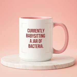 May include: A white ceramic mug with a pink interior and handle. The front features the text "CURRENTLY BABYSITTING A JAR OF BACTERIA." in dark red capital letters, framed by thin red corner brackets on the left and right sides of the text.